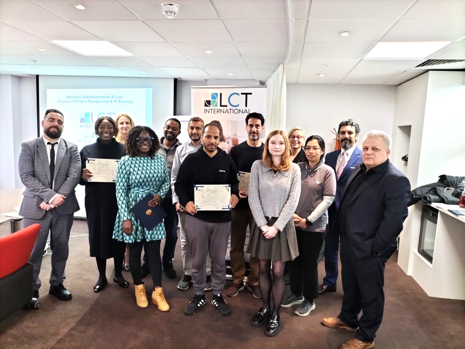 LCT International alumni with certificates after completing Business Administration & Law training in London.