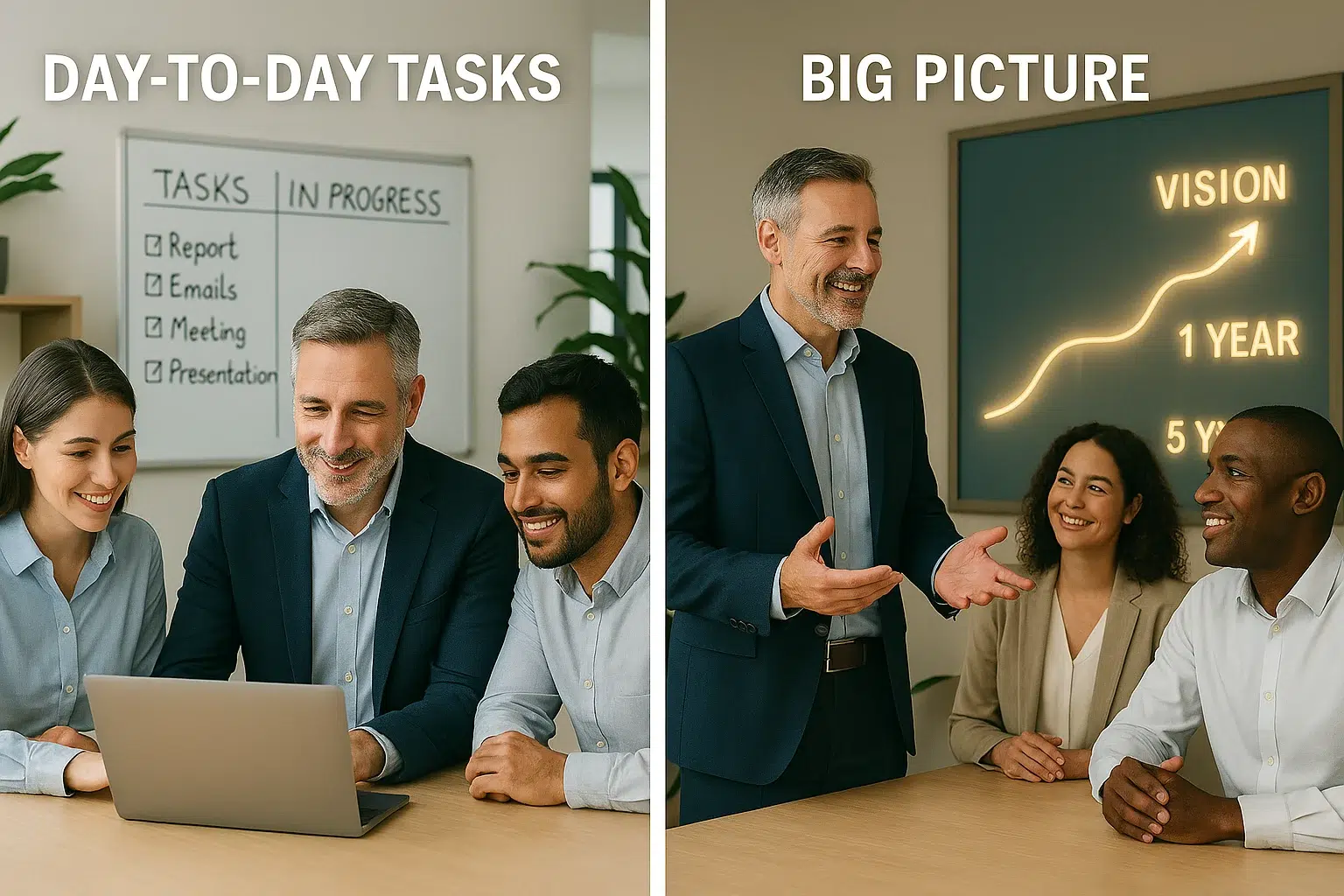 A leader engaging with team on daily tasks and long-term vision in a modern office setting.