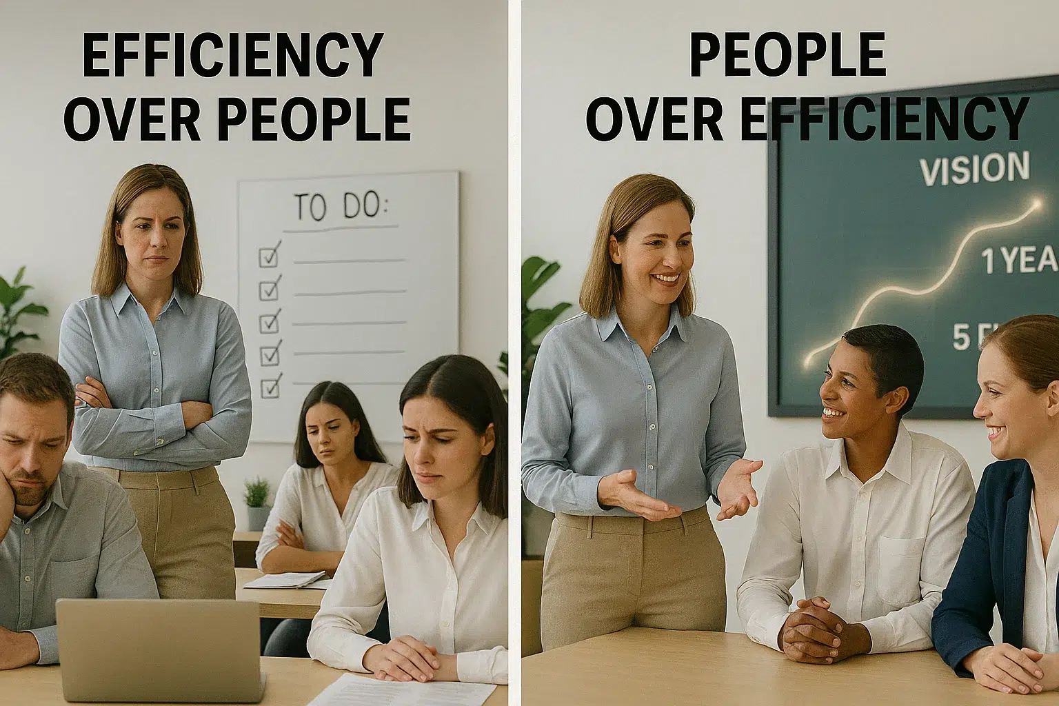 A manager prioritizing efficiency over people versus a leader fostering collaboration and team engagement