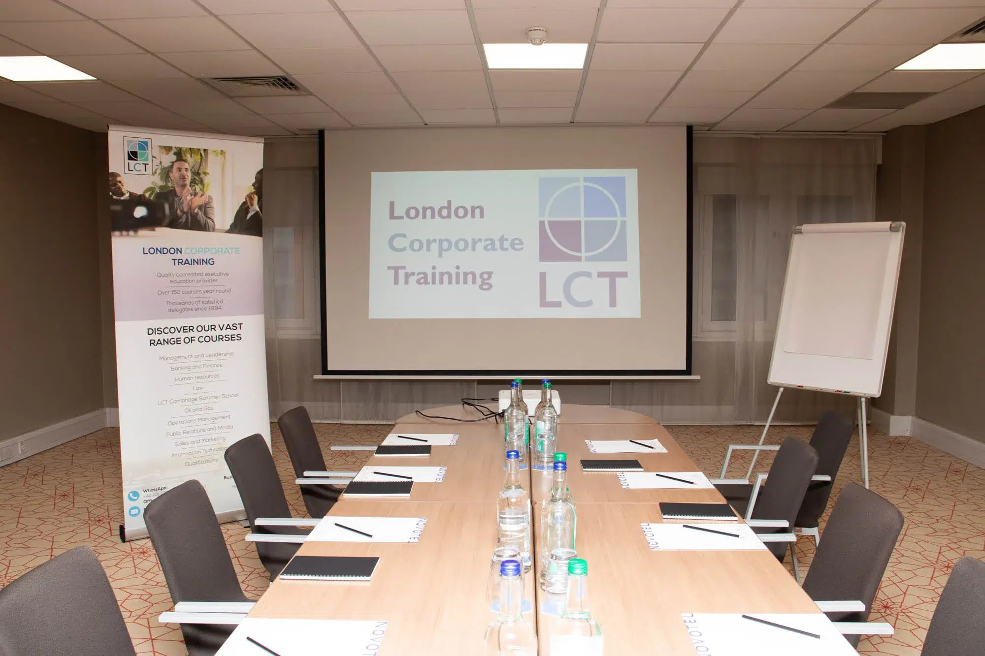 Corporate training room setup at LCT International for leadership courses.