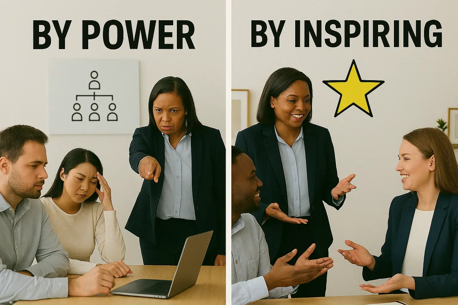 Manager coordinate with team by power versus same leads by inspiration, showing contrasting team engagement styles.