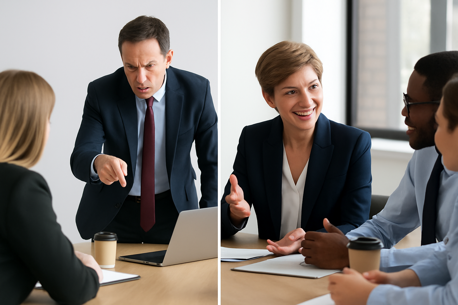 Split image showing aggressive vs collaborative leadership styles in meetings.