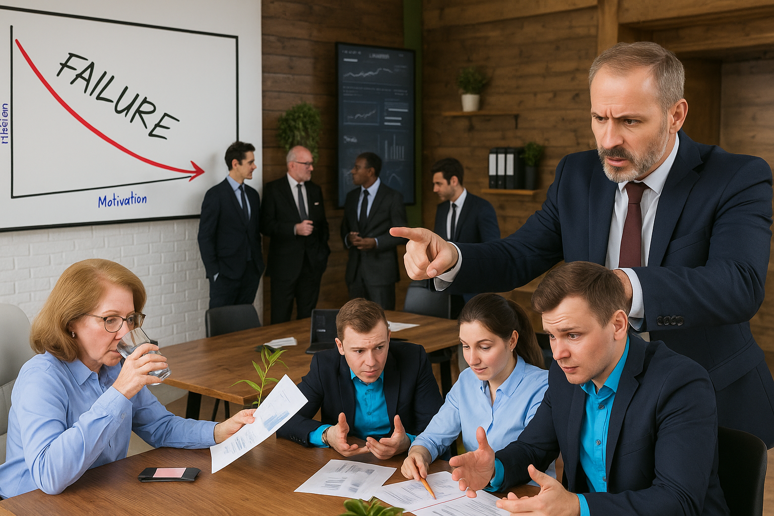 Angry manager scolding team in a meeting with a failure chart in the background.