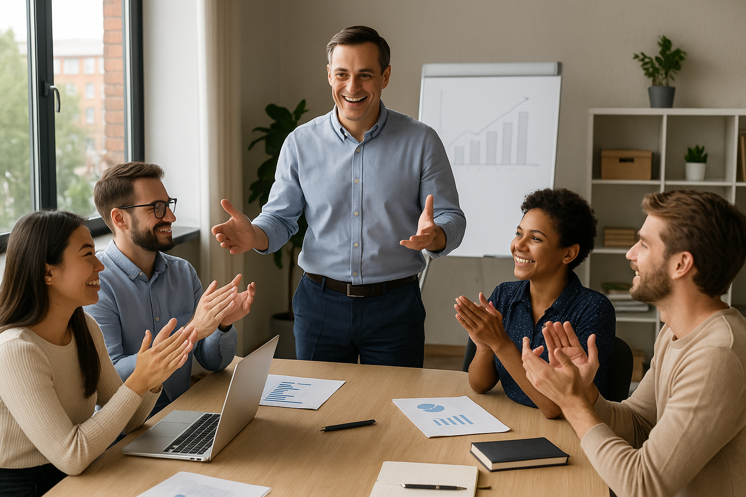 Smiling leader being applauded by a happy, diverse team in a meeting.