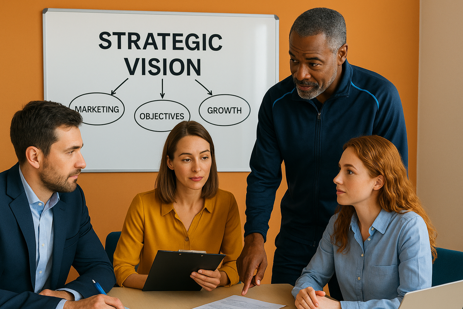 Diverse team discussing strategic vision with a whiteboard showing marketing, objectives, and growth.