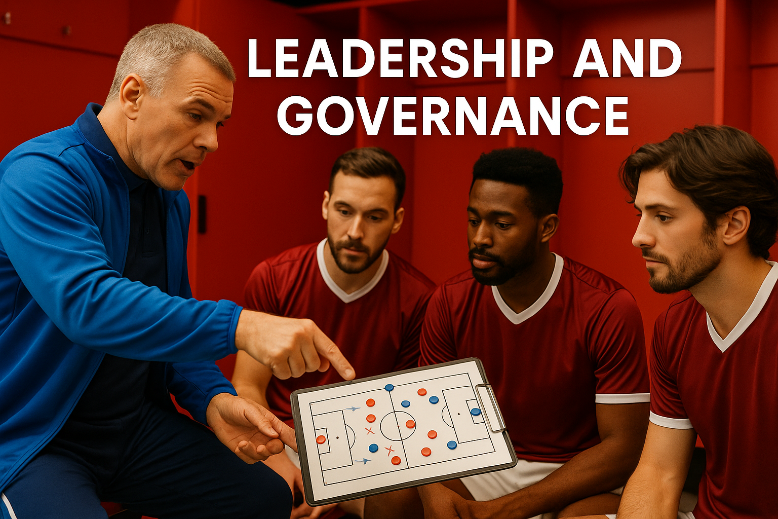 Coach explaining tactics to focused football players with a strategy board in locker room.