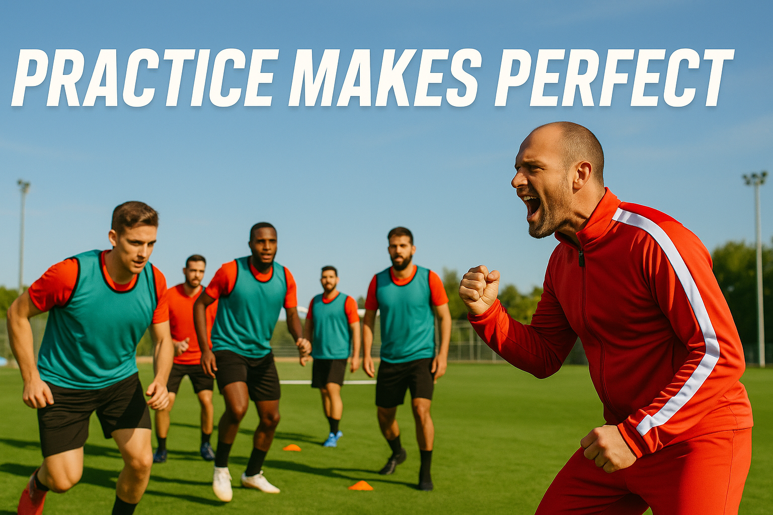 Coach motivating football players during outdoor training session under clear skies.