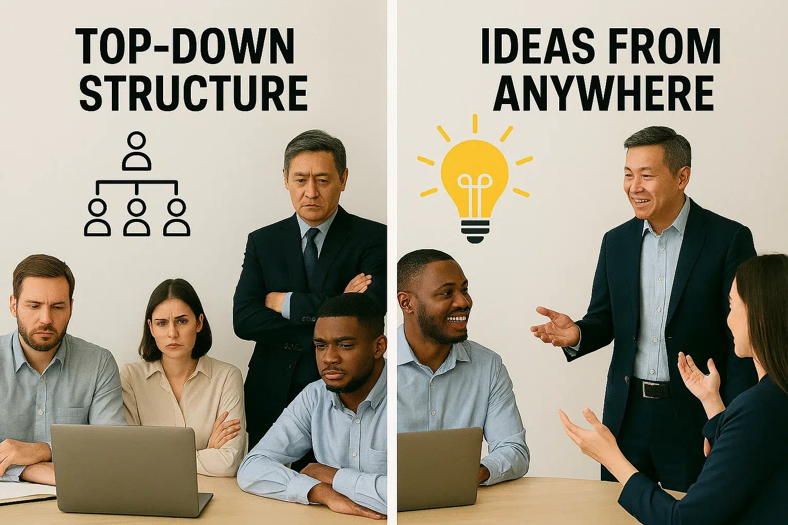 Top-down management with collaborative leadership, featuring a Chinese leader engaging with diverse team members.