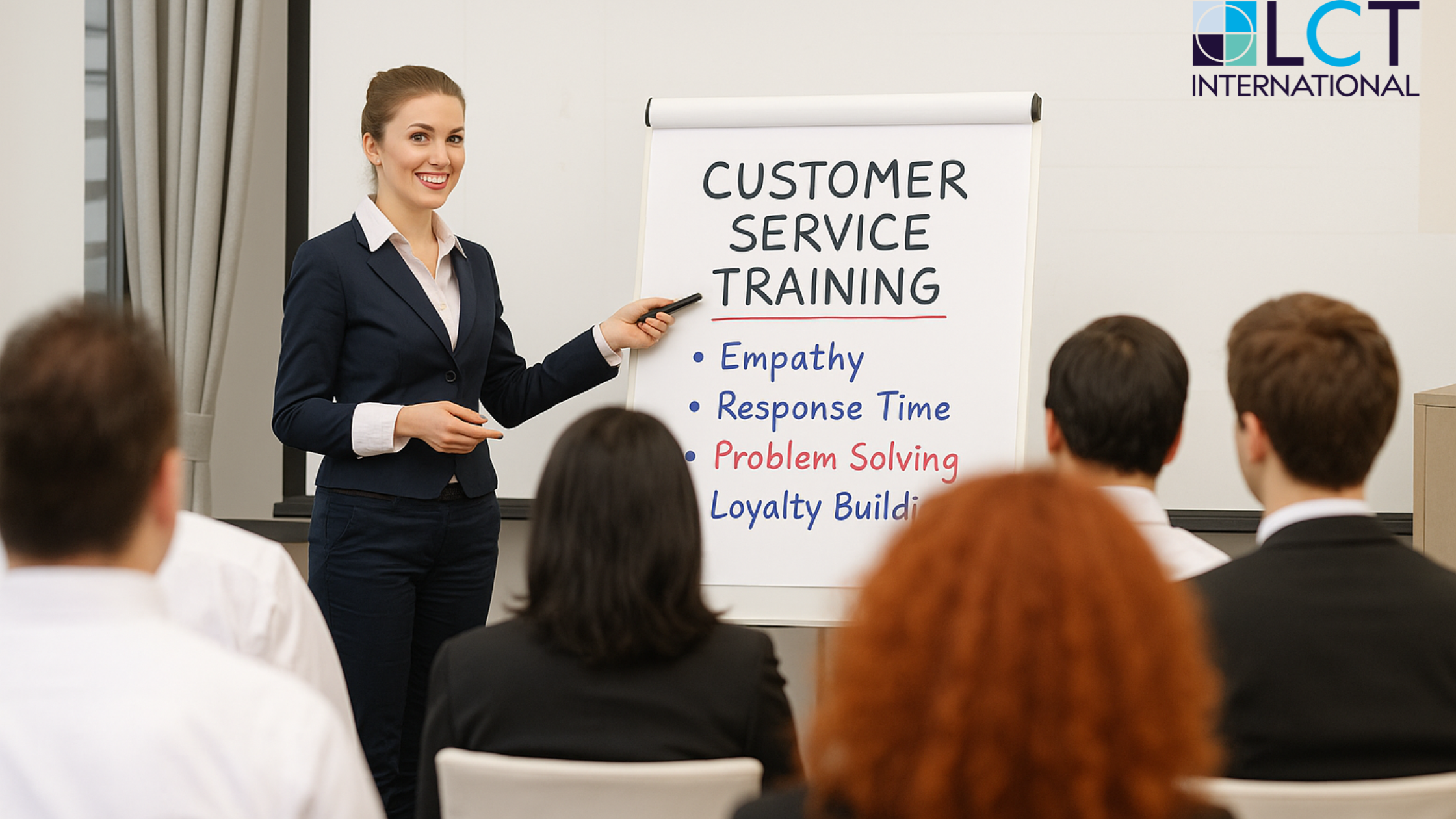Female trainer delivering a customer service training session on empathy, response time, problem solving, and loyalty building.