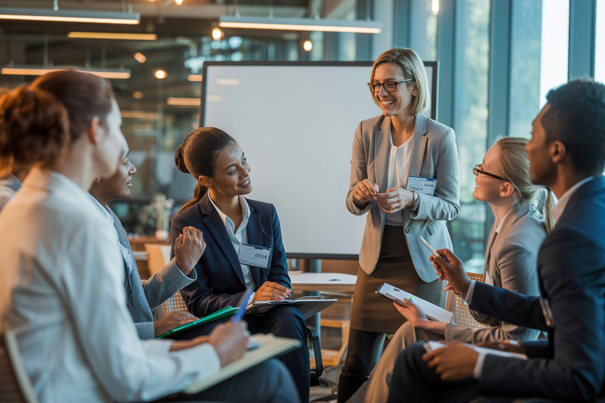Senior manager demonstrating executive coaching techniques during leadership coaching training session