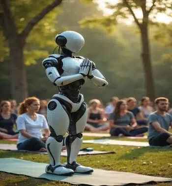 A humanoid robot standing calmly in a yoga pose alongside a group of people at an outdoor mindfulness session.