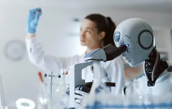 AI using a microscope beside a female scientist working in a modern laboratory.