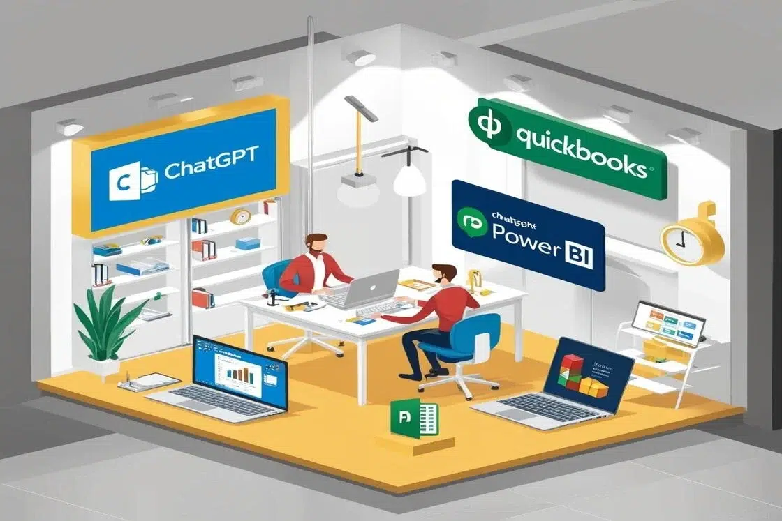 Illustration of a modern digital workspace featuring ChatGPT, Power BI, and QuickBooks, used by professionals at their desks.