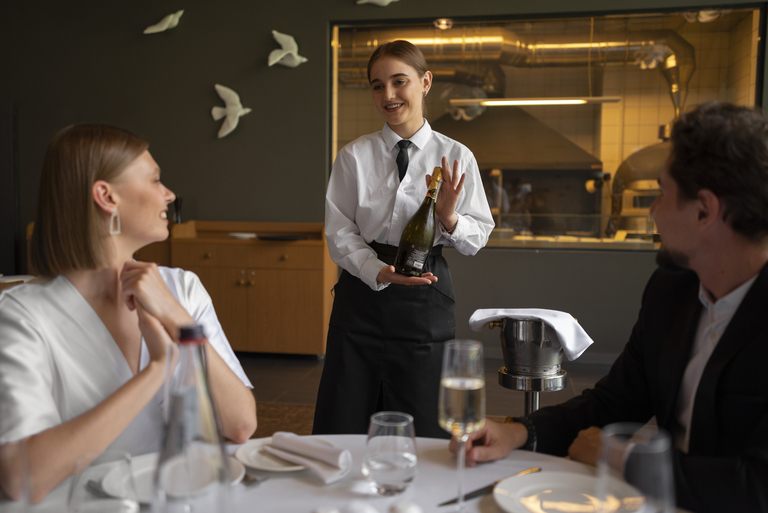 Waitress presenting a surprise bottle of wine to a smiling couple at a restaurant table.