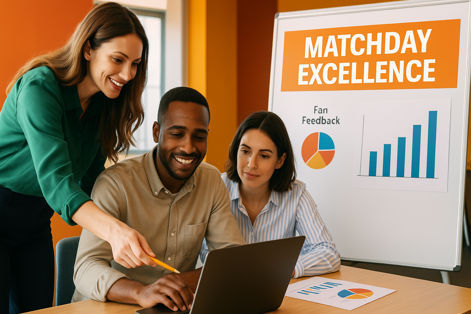 Team reviewing fan feedback data on laptop with matchday excellence charts on display.