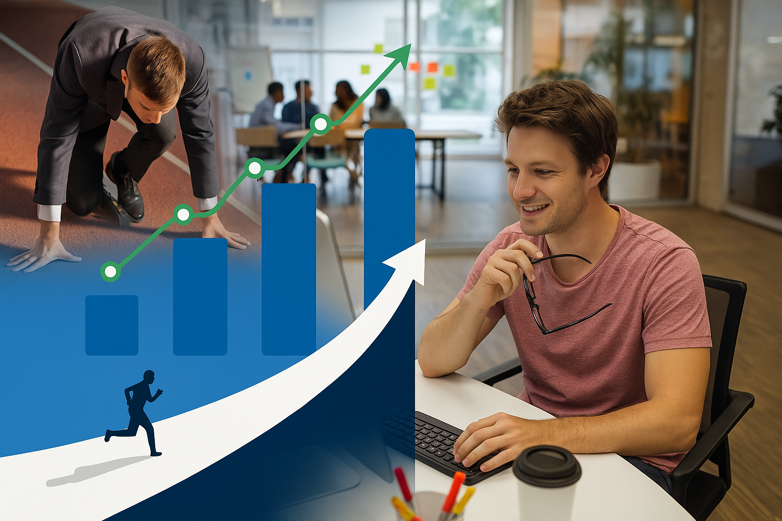 Young professional smiling at computer, with graphics of business growth and athlete at starting line.